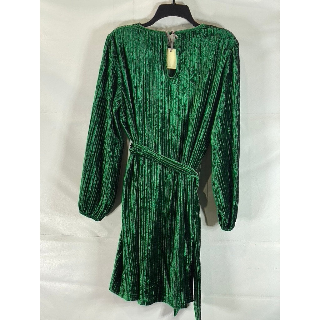 DRESS FORUM Women's Dark Green Crewneck Pleated Velvet Waist Tie Mini Dress SZ M