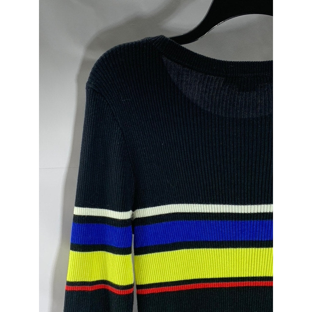 SANCTUARY Women's Black/Multi Striped Crewneck 3/4 Sleeve Knit Mini Dress SZ M