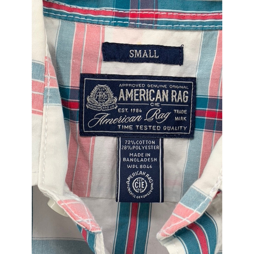 AMERICAN RAG Men's White-Multi Checkered Button-Up Short Sleeve Shirt SZ S