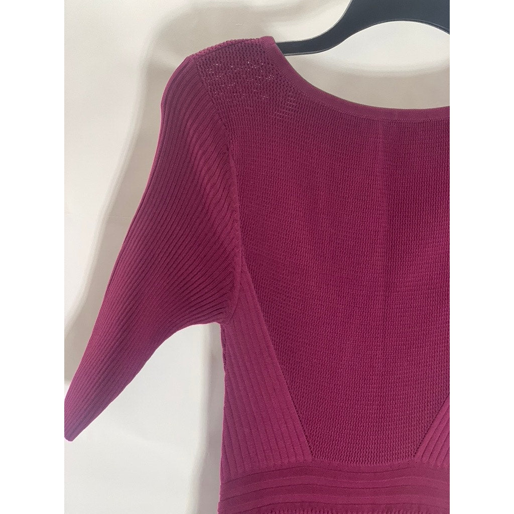 REBECCA MINKOFF Women's Wine Knit Crewneck Elbow Sleeve Maci Dress SZ S