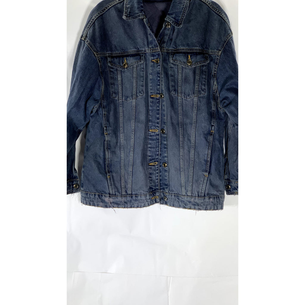 ZARA Women's Dark Navy Blue Denim Distressed Button-Up Oversized Jacket SZ M