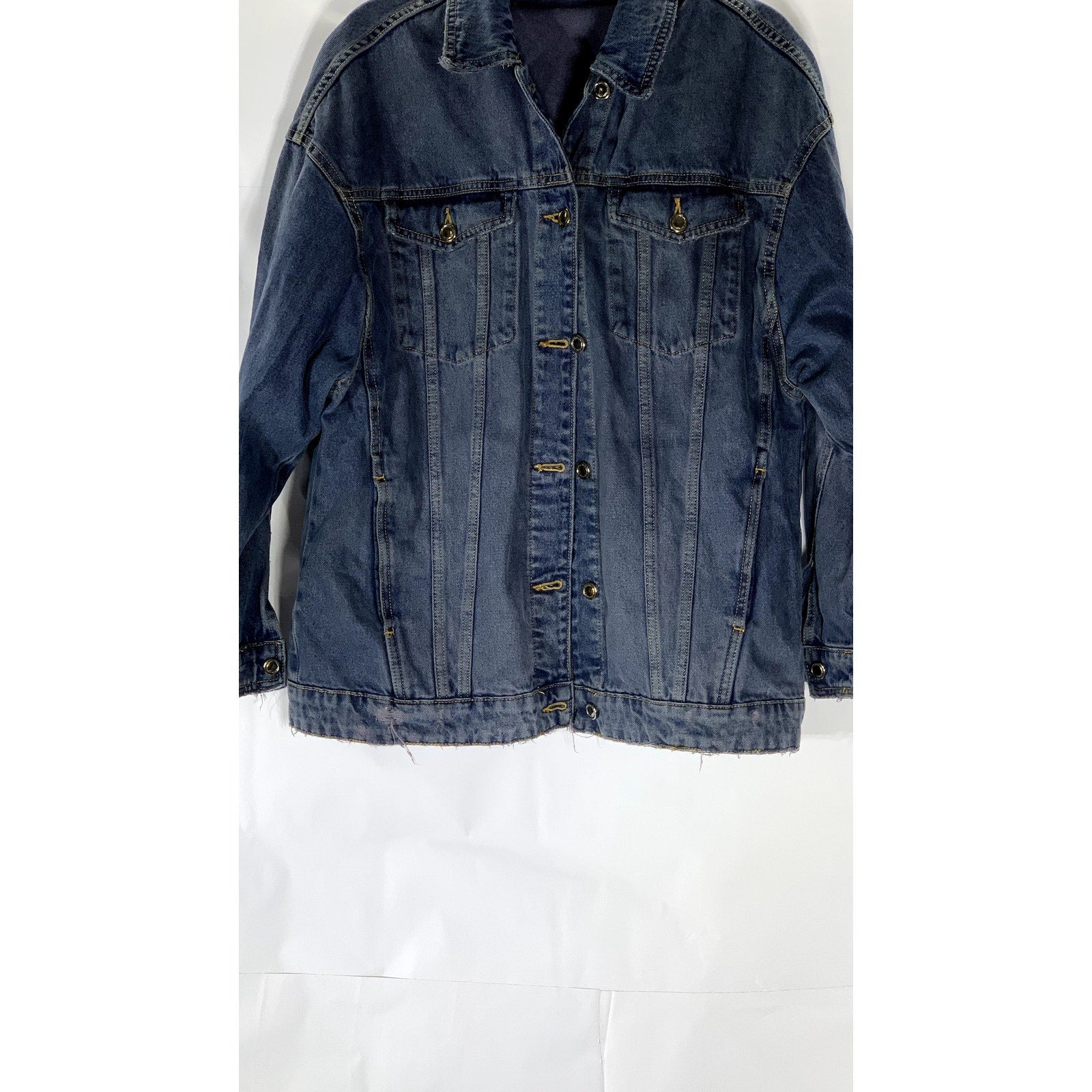 ZARA Women's Dark Navy Blue Denim Distressed Button-Up Oversized Jacket SZ M