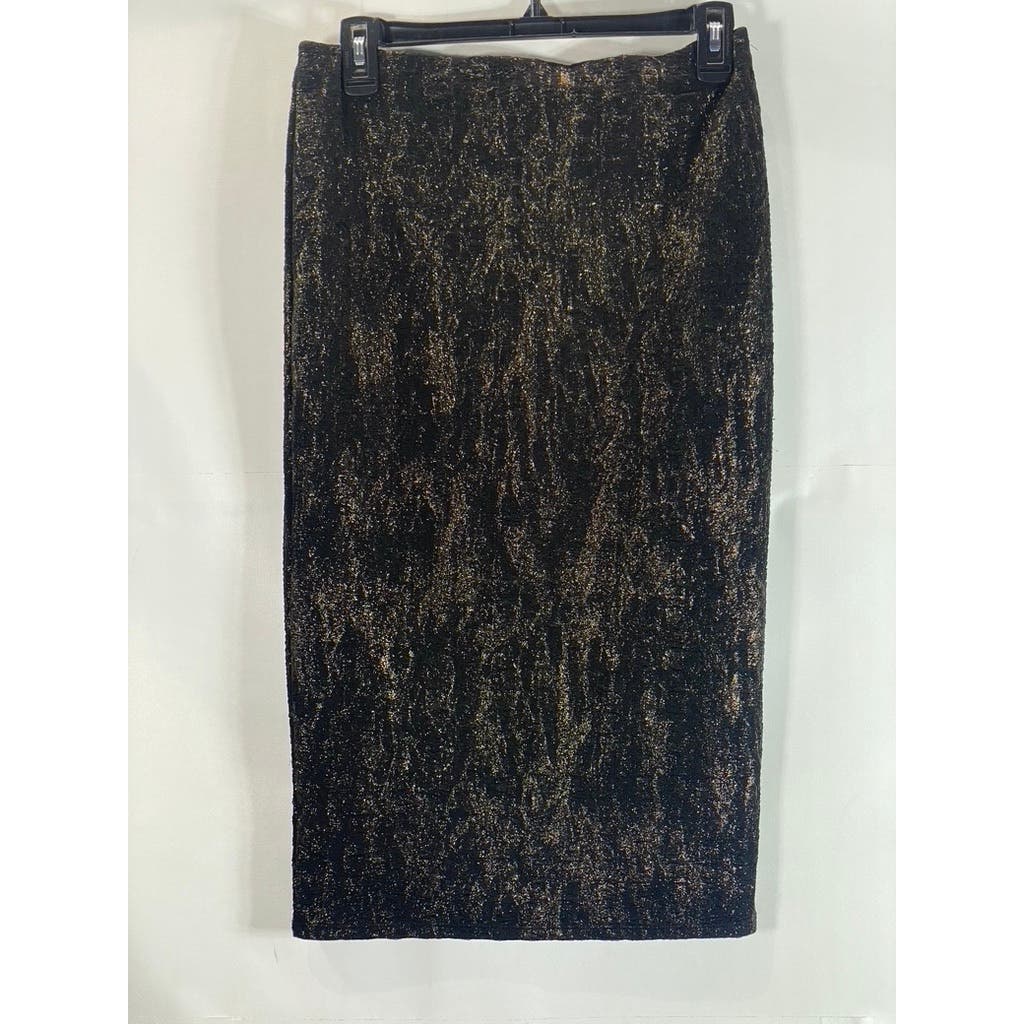 LEITH Women’s Black/Gold Metallic Shimmer Pencil Knee Length Skirt SZ S