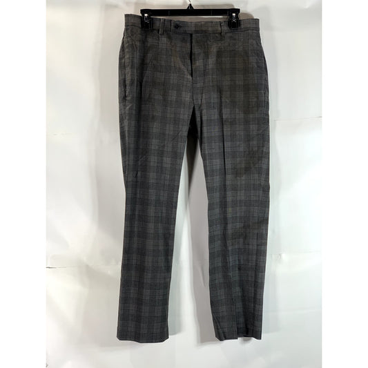 CALVIN KLEIN Men's Charcoal Plaid Slim-Fit Flat Front Dress Pants SZ 33X30