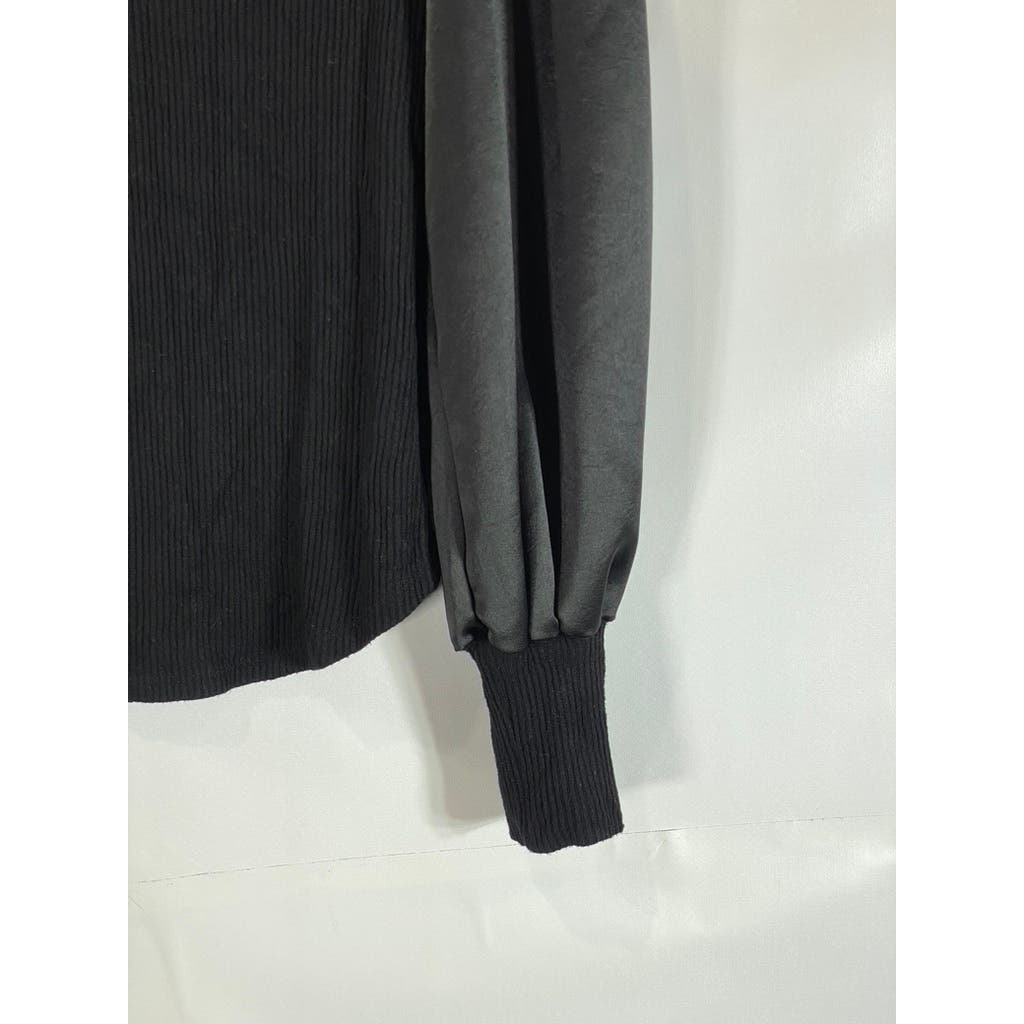 FIFTEEN TWENTY Women's Black Ribbed Crewneck Satin Puff Long Sleeves SZ S