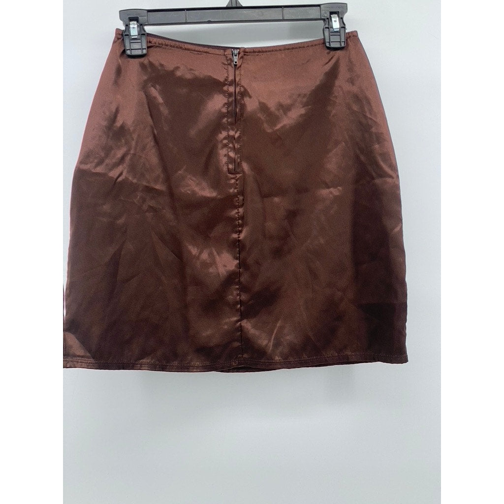 WINDSOR Women's Dark Brown Satin A-Line Side-Slit Mini Skirt SZ S