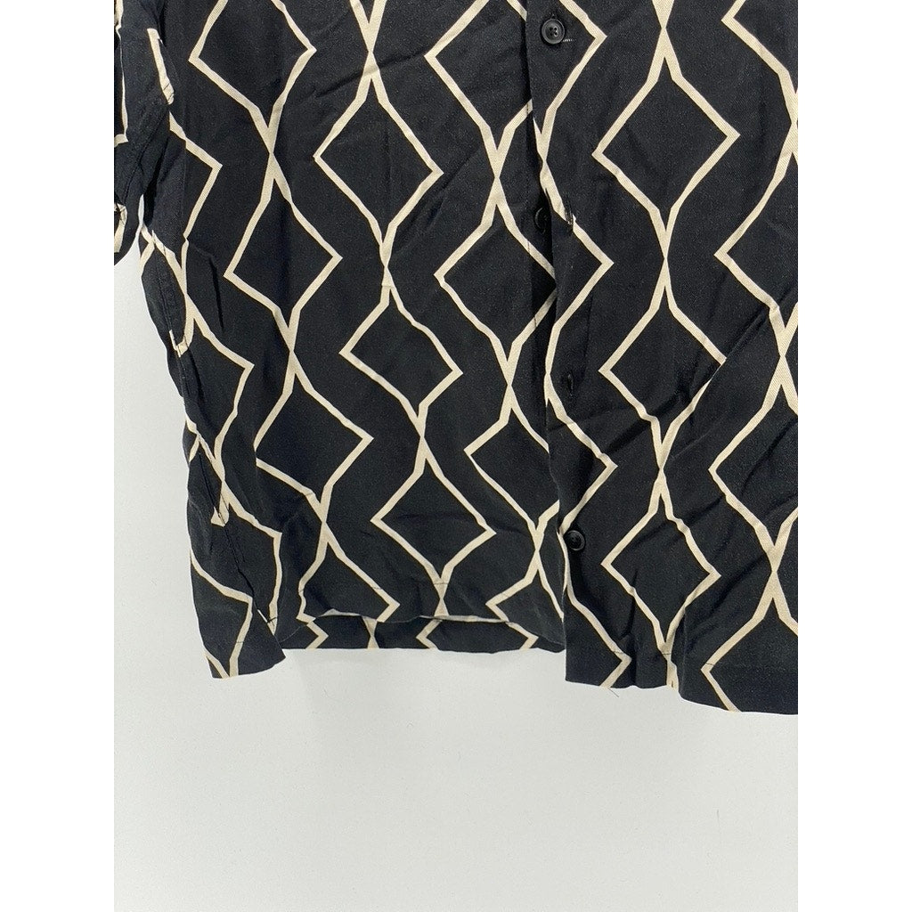 ZARA Men's Black-Beige Geo Print Button-Up Short Sleeve Shirt SZ S