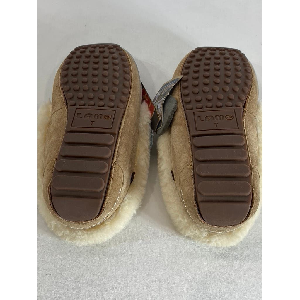 LAMO Women's Tan Suede Faux-Fur Aussie Moc-Toe Cirrus Memory Foam Slipper SZ 7