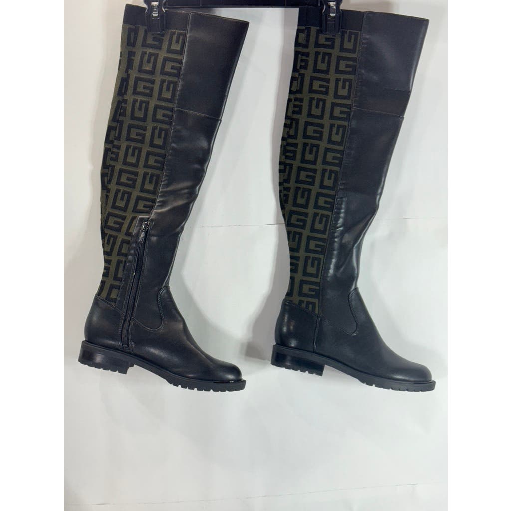 GUESS Women's Black/Taupe Remone Block-Heel Pull-on Knee High Boots SZ 6