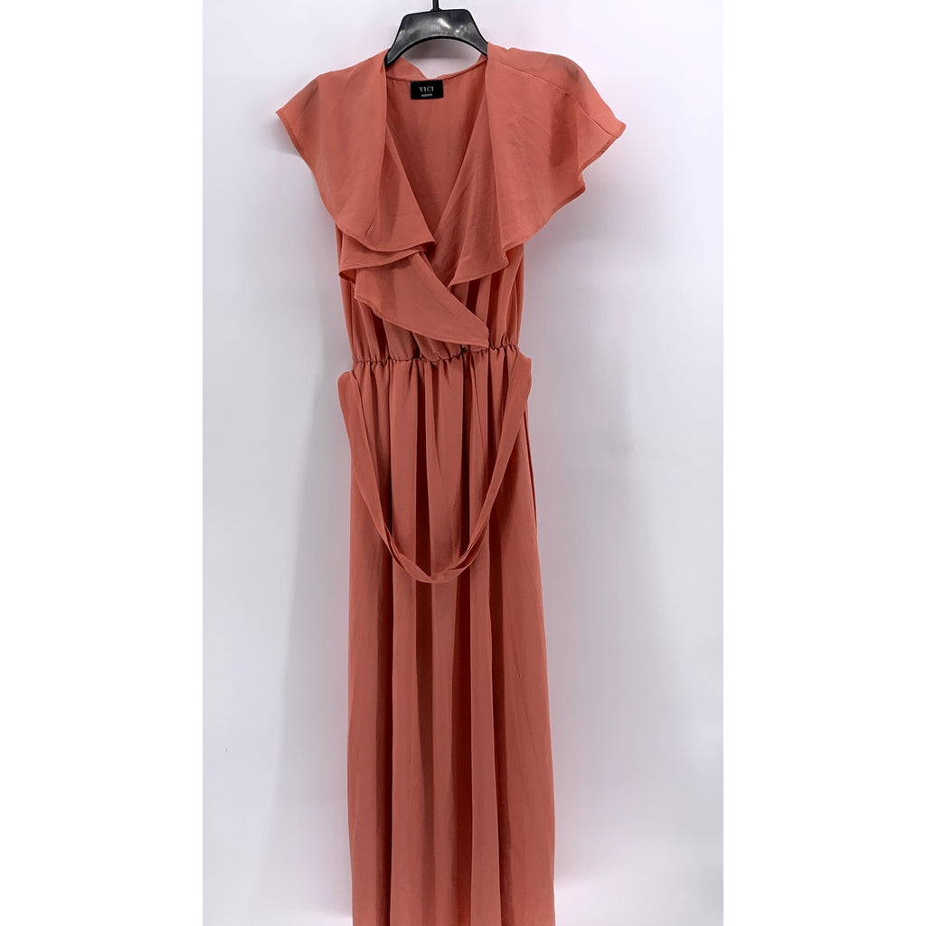 VICI Women's Peach Ruffle Belted Maxi Dress SZ M
