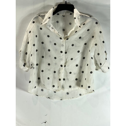 UNBRANDED Women's White/Black Polka Dot Short Sleeve Button-Up Crop Top SZ M
