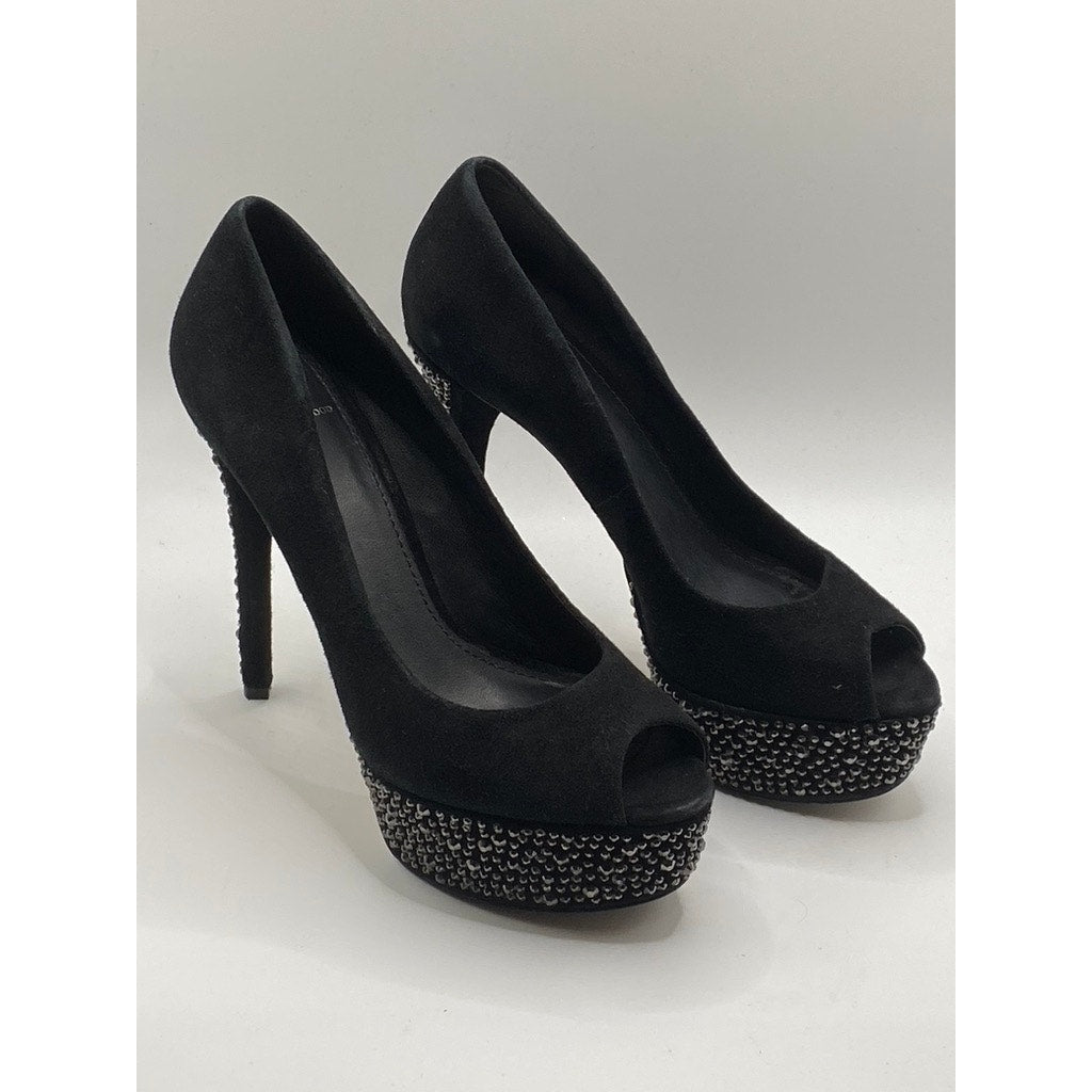 BRIAN ATWOOD Women’s Black Rhinestone Embellished Peep-Toe Platform Pumps SZ 6.5