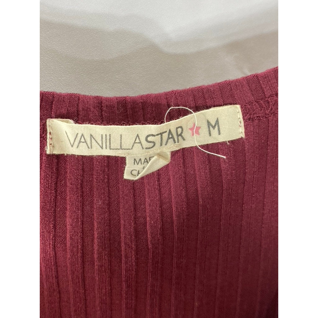 VANILLA STAR Women's Burgundy Ribbed Short Sleeve Wrap Top SZ M