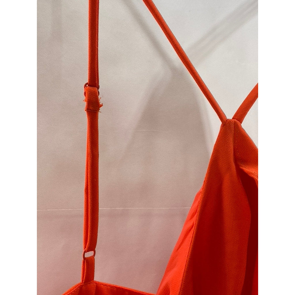 KIMCHI BLUE Women's Red-Orange Solid Ruffle Y-Neck A-Line Mini Dress SZ 8