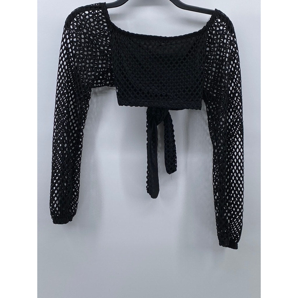 IRIS Women's Black Mesh Long Sleeve Tie-Knot Cropped Top SZ M