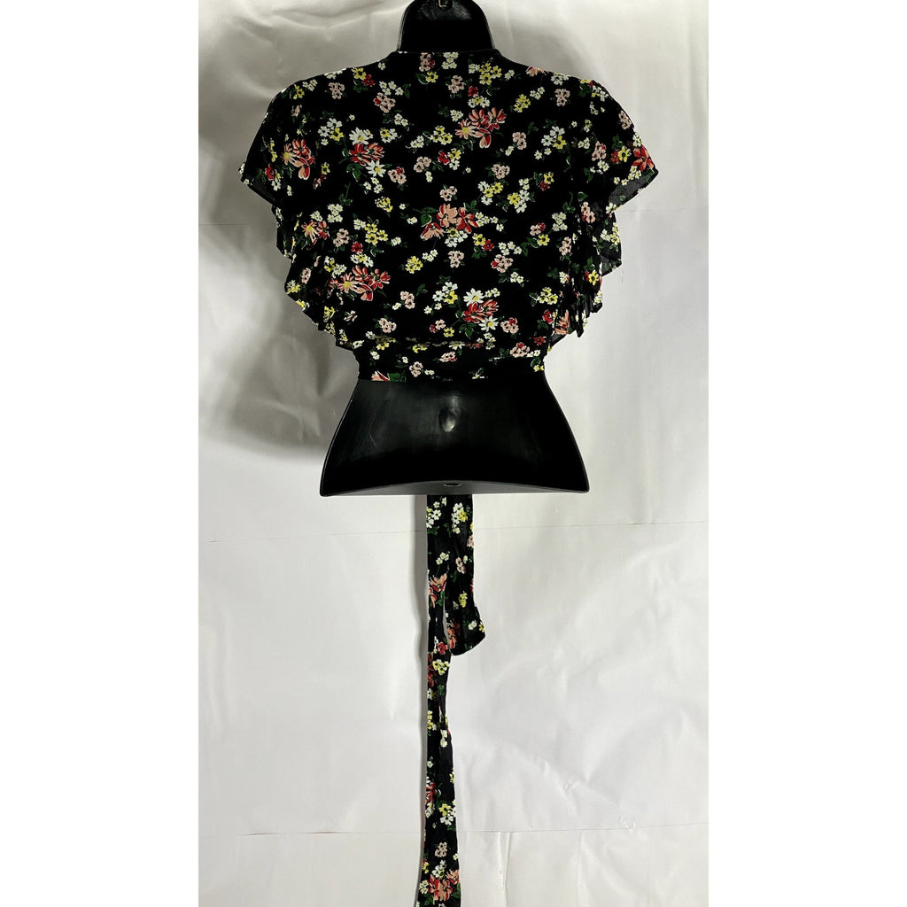 JILL JILL STUART Women’s Black Floral Flutter Sleeve Wrap Crop Top SZ S
