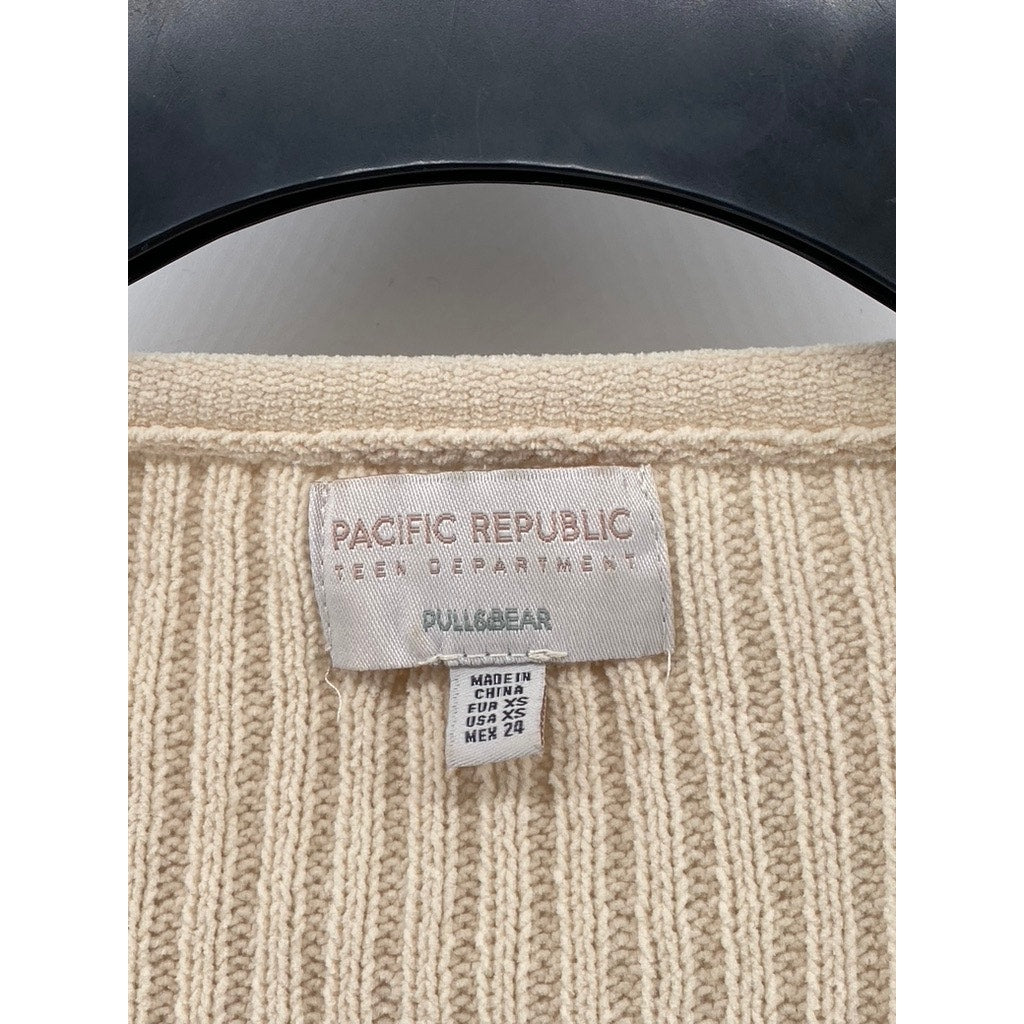 PULL&BEAR PACIFIC REPUBLIC Women's Tan Rib V-Neck Long Sleeve Cropped Top SZ XS
