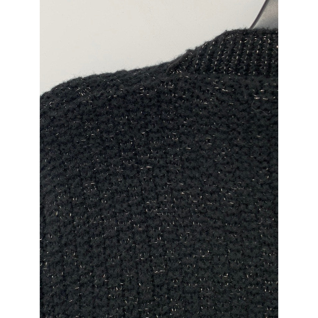 UNBRANDED Women's Black-Silver Button-Up Long Sleeve Knit Cropped Cardigan SZ S