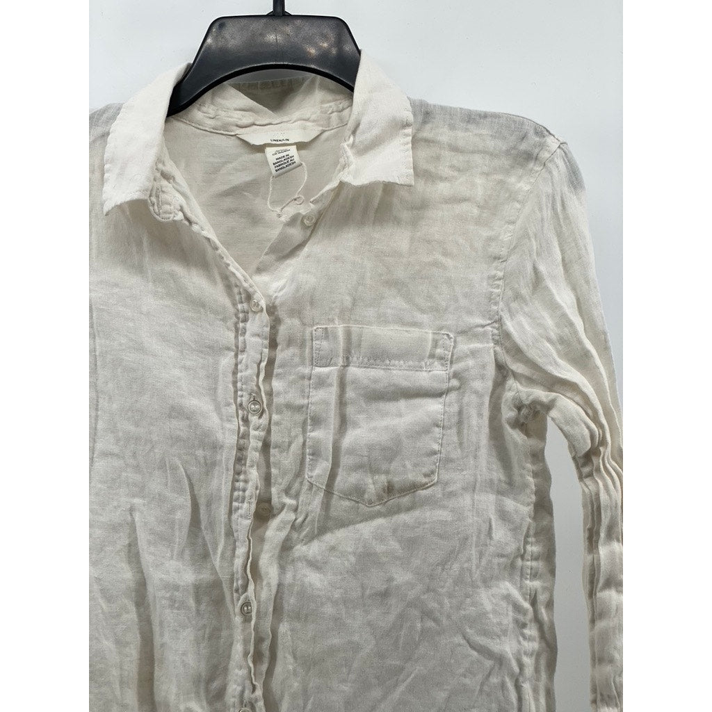 H&M Women’s White Regular Fit Linen Button-Up Long Sleeve Top SZ XS