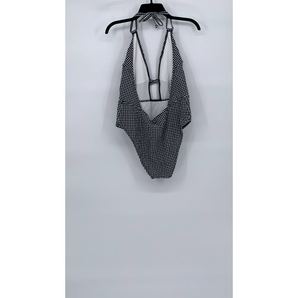 VICTORIA SECRET Women's Blue-White Gingham Cutout V-Neck Tie Neck Swimsuit SZ XL