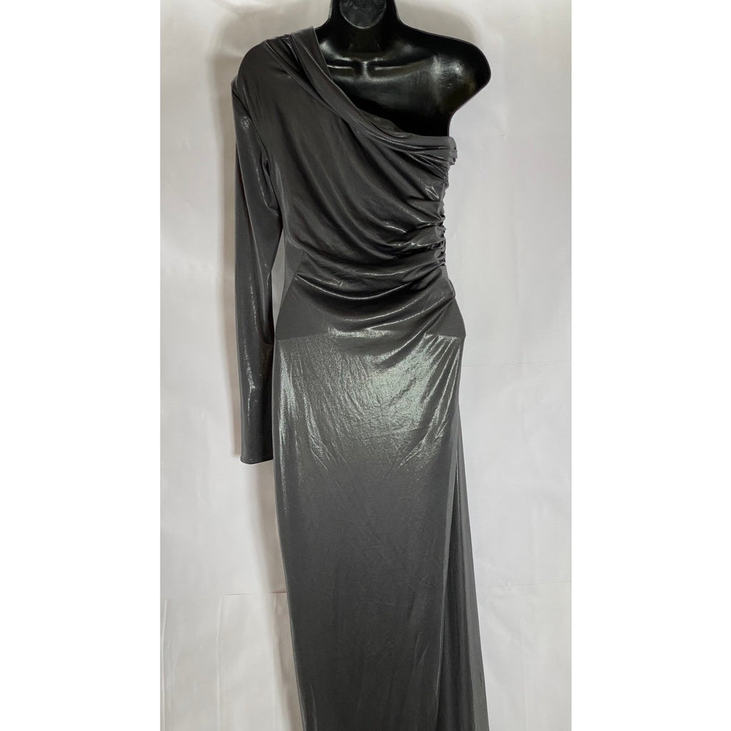 ZARA Women's Charcoal Metallic One Shoulder Long Sleeve Side Slit Maxi Dress SZS