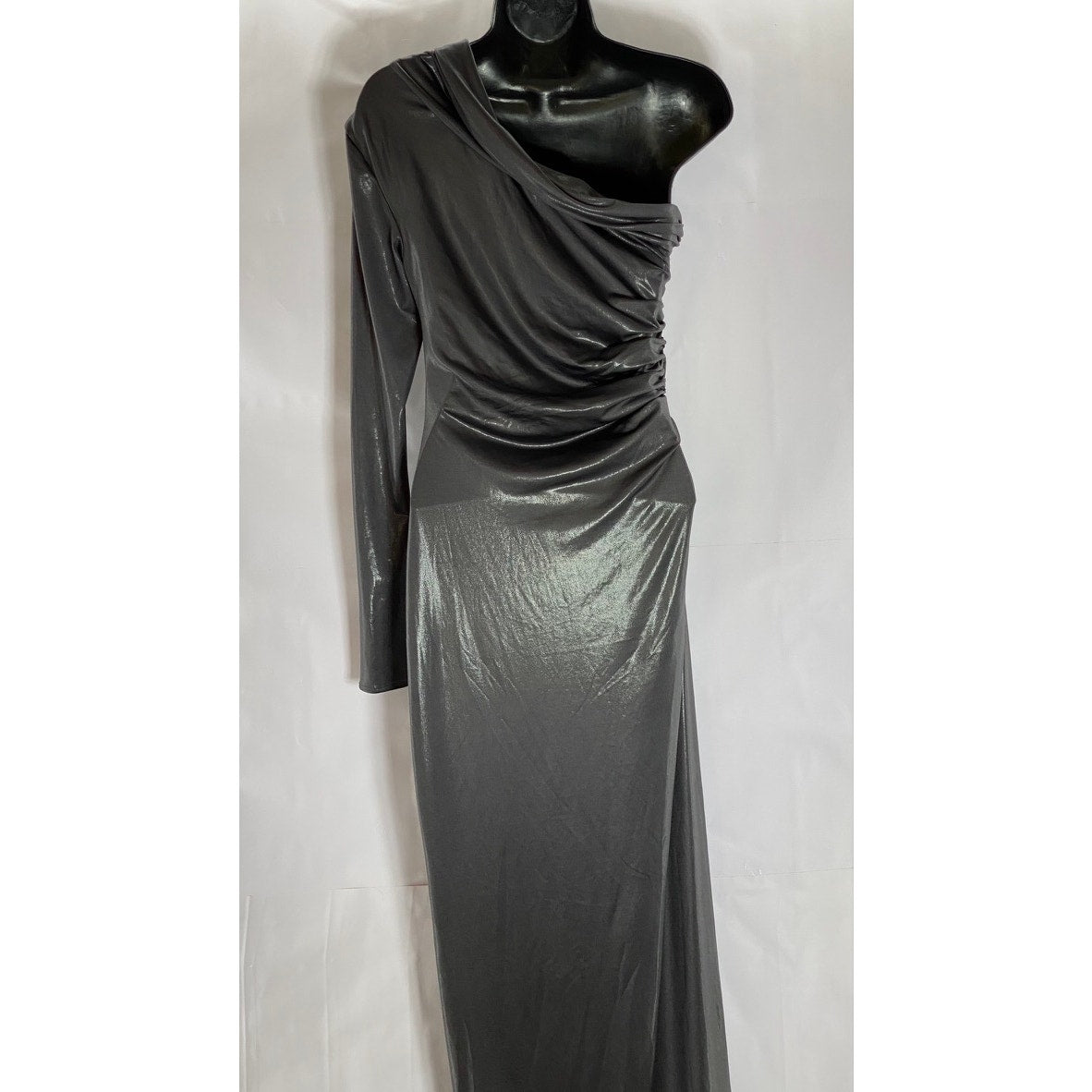 ZARA Women's Charcoal Metallic One Shoulder Long Sleeve Side Slit Maxi Dress SZS