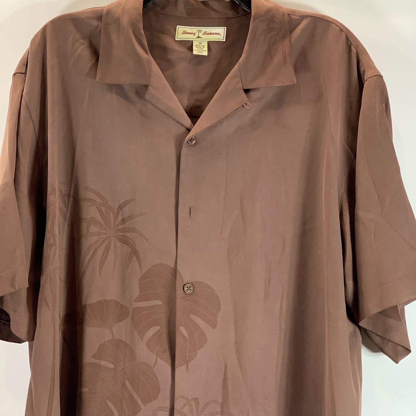 TOMMY BAHAMA Men's Brown Silk Leaf Print Button-Up Short Sleeve Shirt SZ M