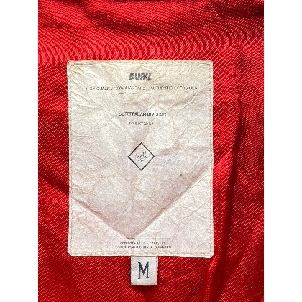 DURKL Men's Vintage Black-White Button-Up Striped-Trim Varsity Jacket SZ M