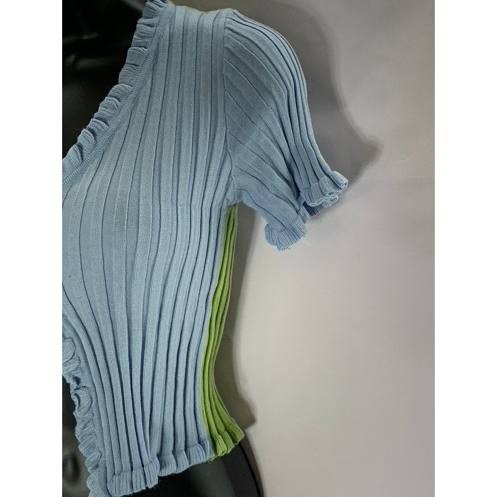 REDBERRY Women's Green/Blue Ribbed Button-Up Ruffle-Trim Short Sleeve Top SZ S/M