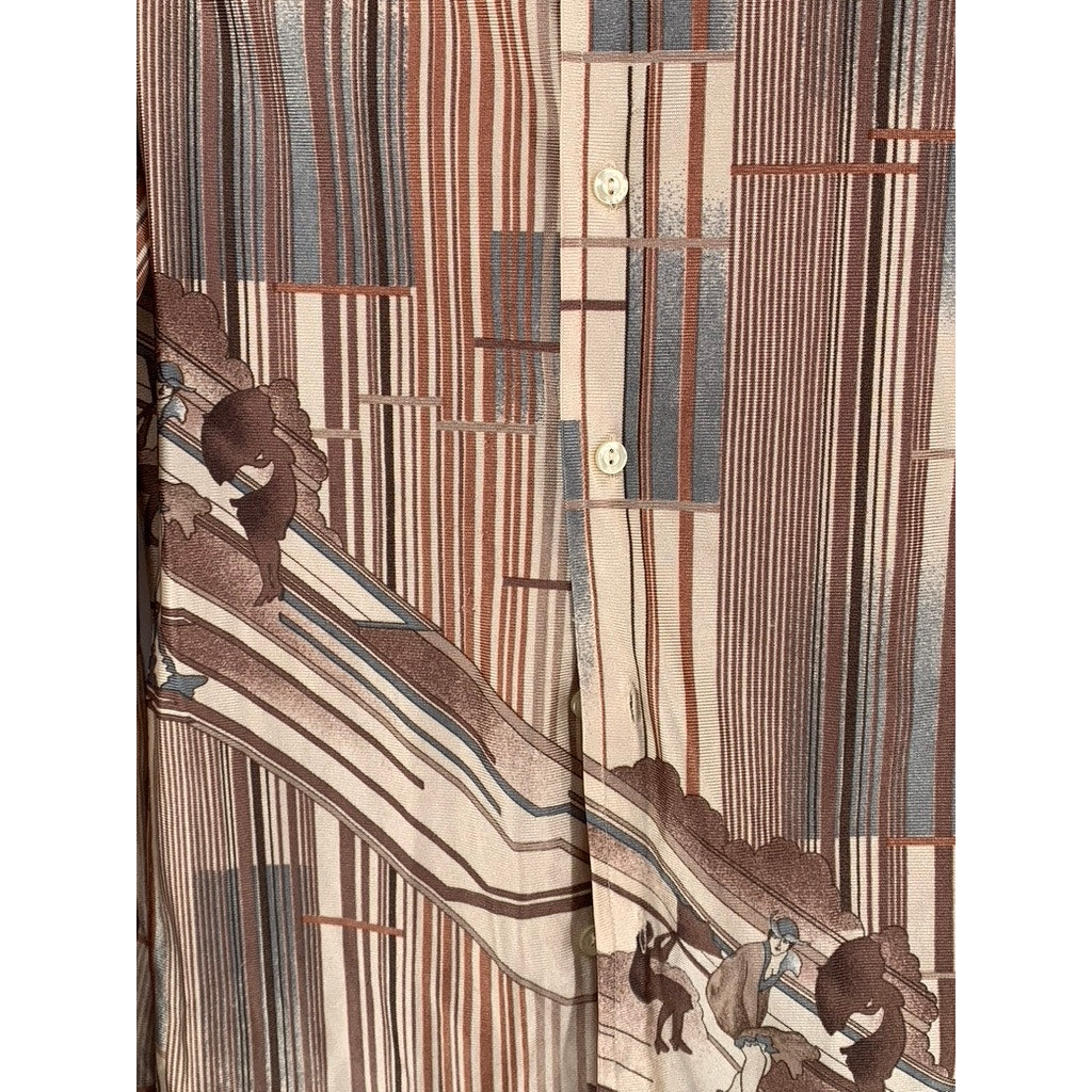 KENNINGTON Men's Vintage Brown Striped Button-Up Long Sleeve Shirt SZ M