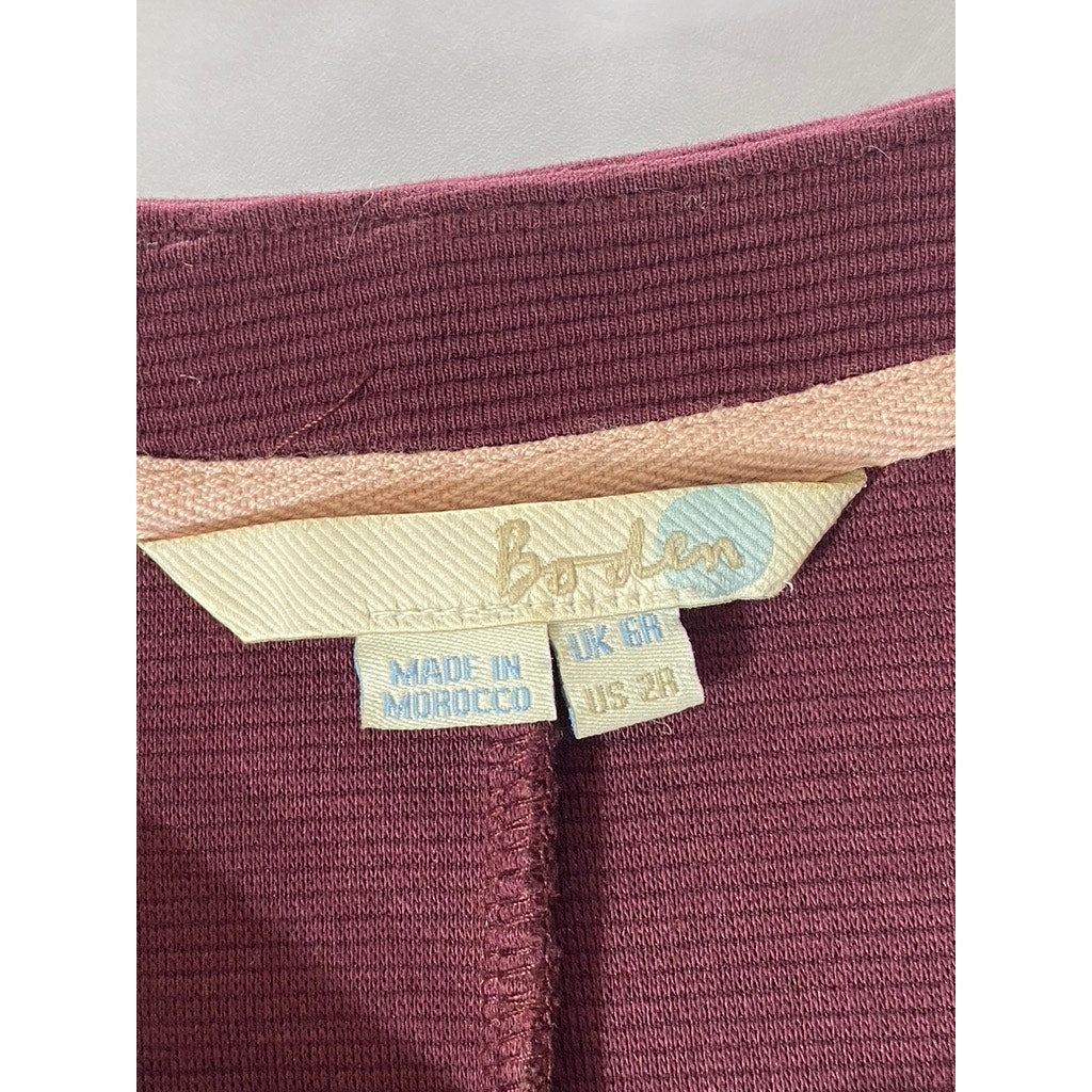 BODEN Women's Burgundy Crewneck Ribbed Regular-Fit 3/4 Sleeve Mini Dress SZ 2