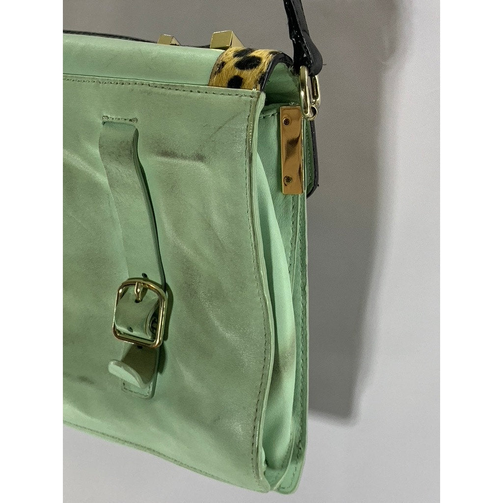 LEOFFLER RANDALL Women's Green/Animal Print Calf Hair Rider Satchel Bag