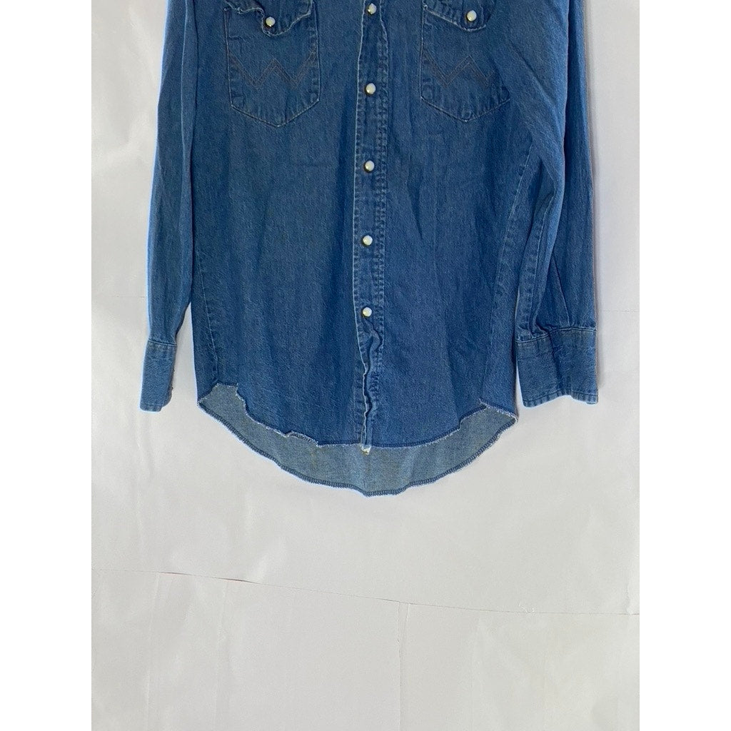 WRANGLER Men's Dark Blue Denim Regular-Fit Distressed Button-Up Shirt SZ 15.5 33