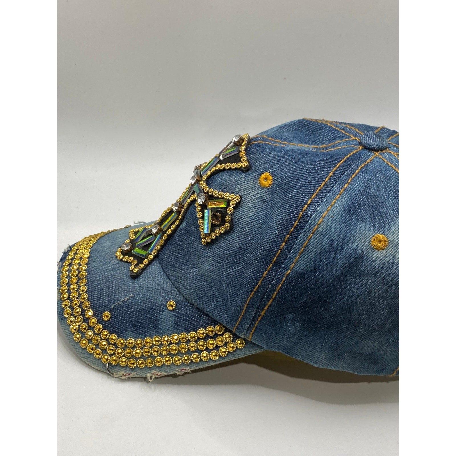 UNBRANDED Women's Blue-Gold Denim Cross Rhinestone Studded Baseball Cap SZ OS
