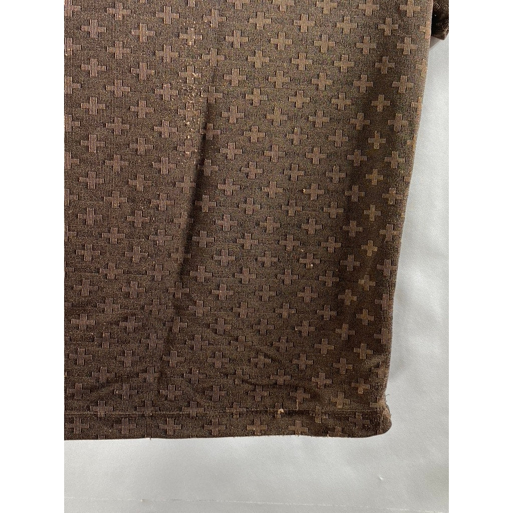 ES SE Women's Brown Cross Print Semi Sheer V-Neck Short Sleeve Top SZ M