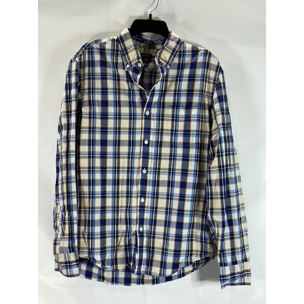 J.CREW Men's Blue/Yellow Plaid Flex Washed Slim-Fit Untucked Button-Up Shirt SZM