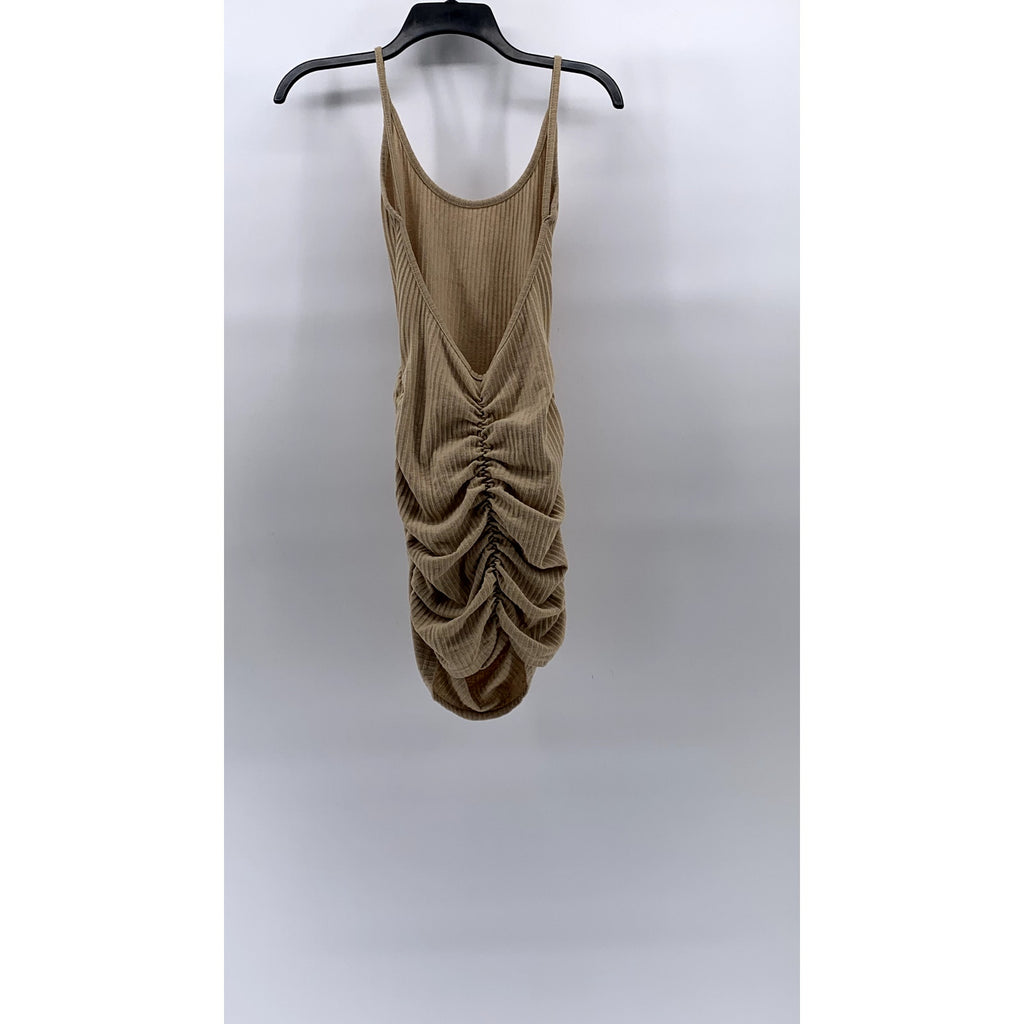 PRETTY LITTLE THINGS Women's Tan Ribbed Scoop-Neck Bodycon Mini Dress SZ 8