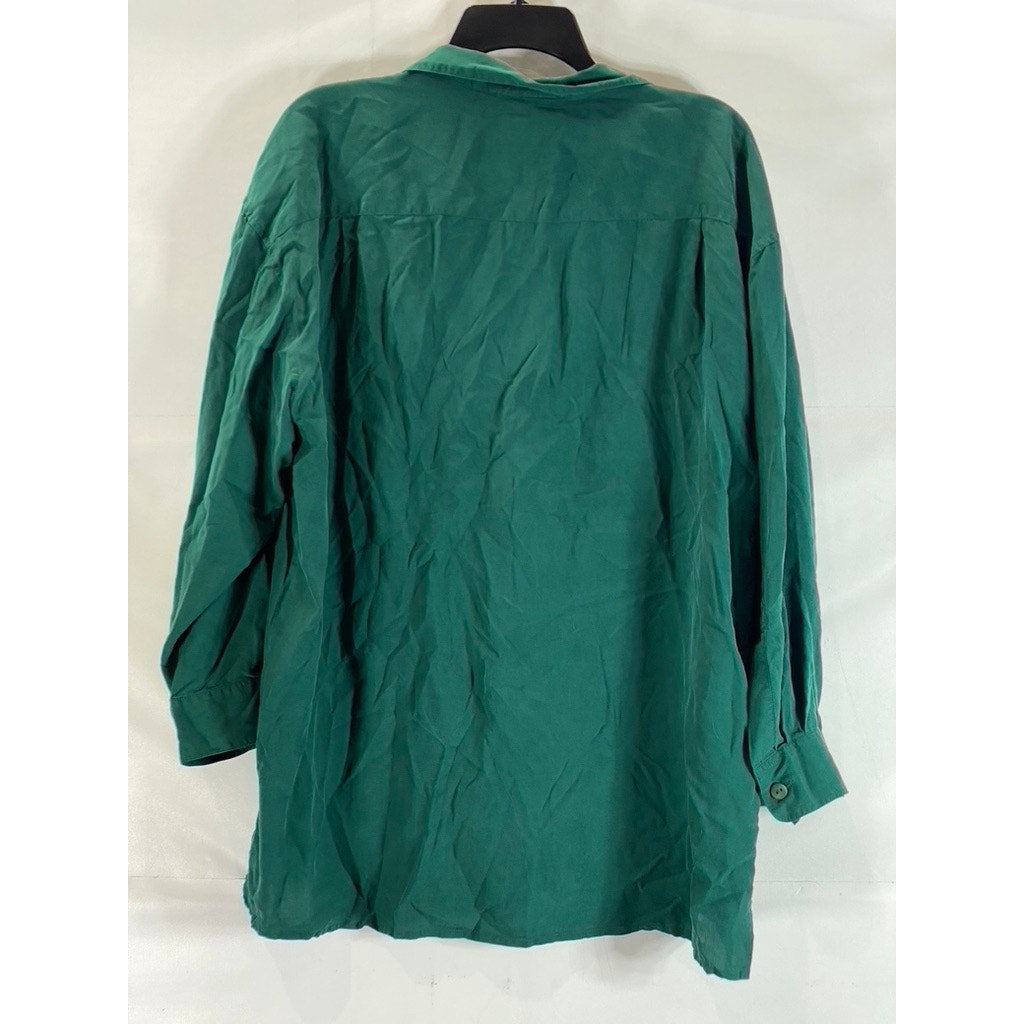 B. MOSS Women's Dark Green Flap Chest Pocket Button-Up Long Sleeve Silk Top SZ L