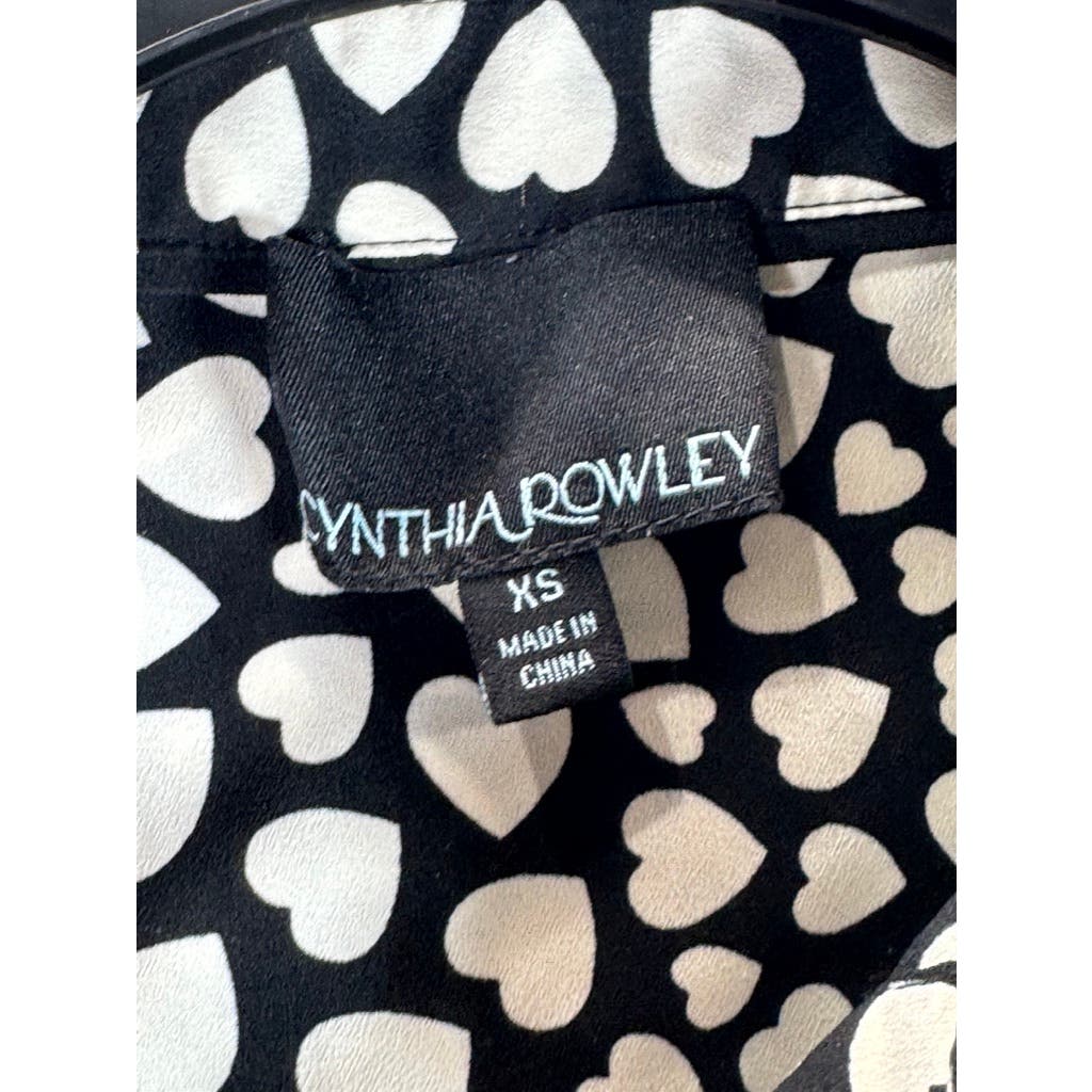 CYNTHIA ROWLEY Women's Black/White Heart Print Sleeveless Button-Up Top SZ XS