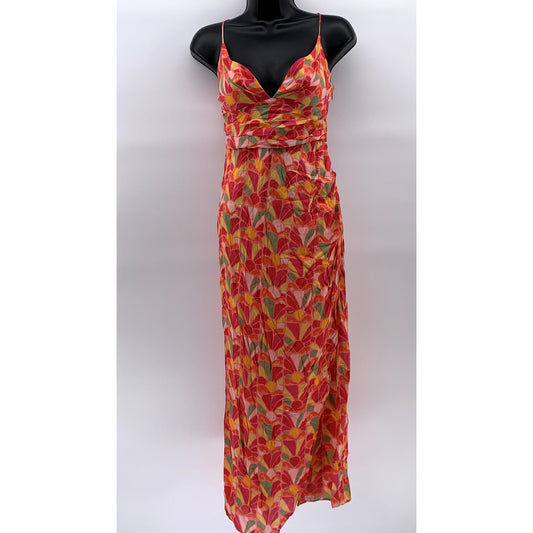 ZARA Women's Orange-Pink Floral V-Neck Cutout Back Maxi Dress SZ S