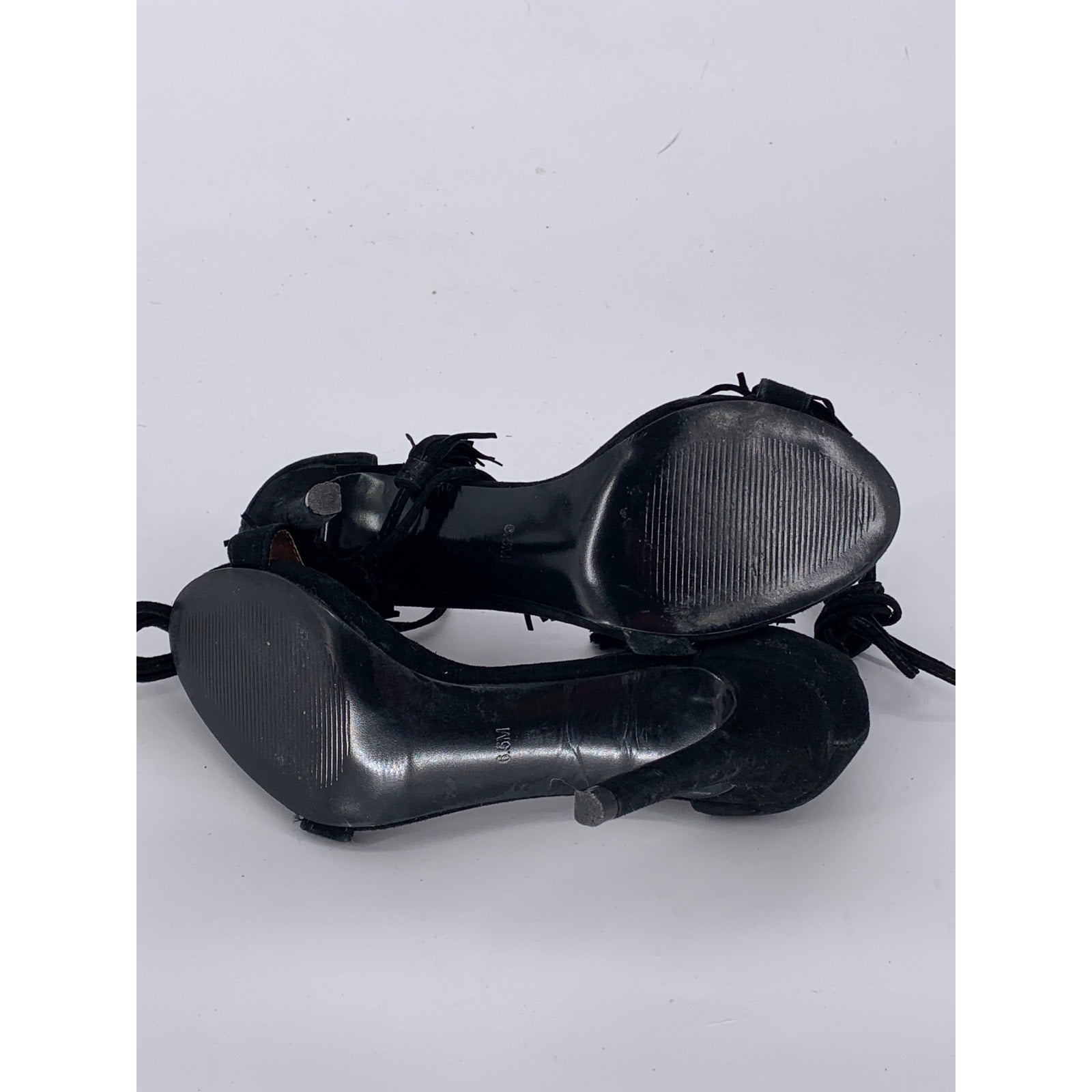 STEVE MADDEN Women's Black Leather Sassey Fringe Gladiator Stiletto Heels SZ 6.5