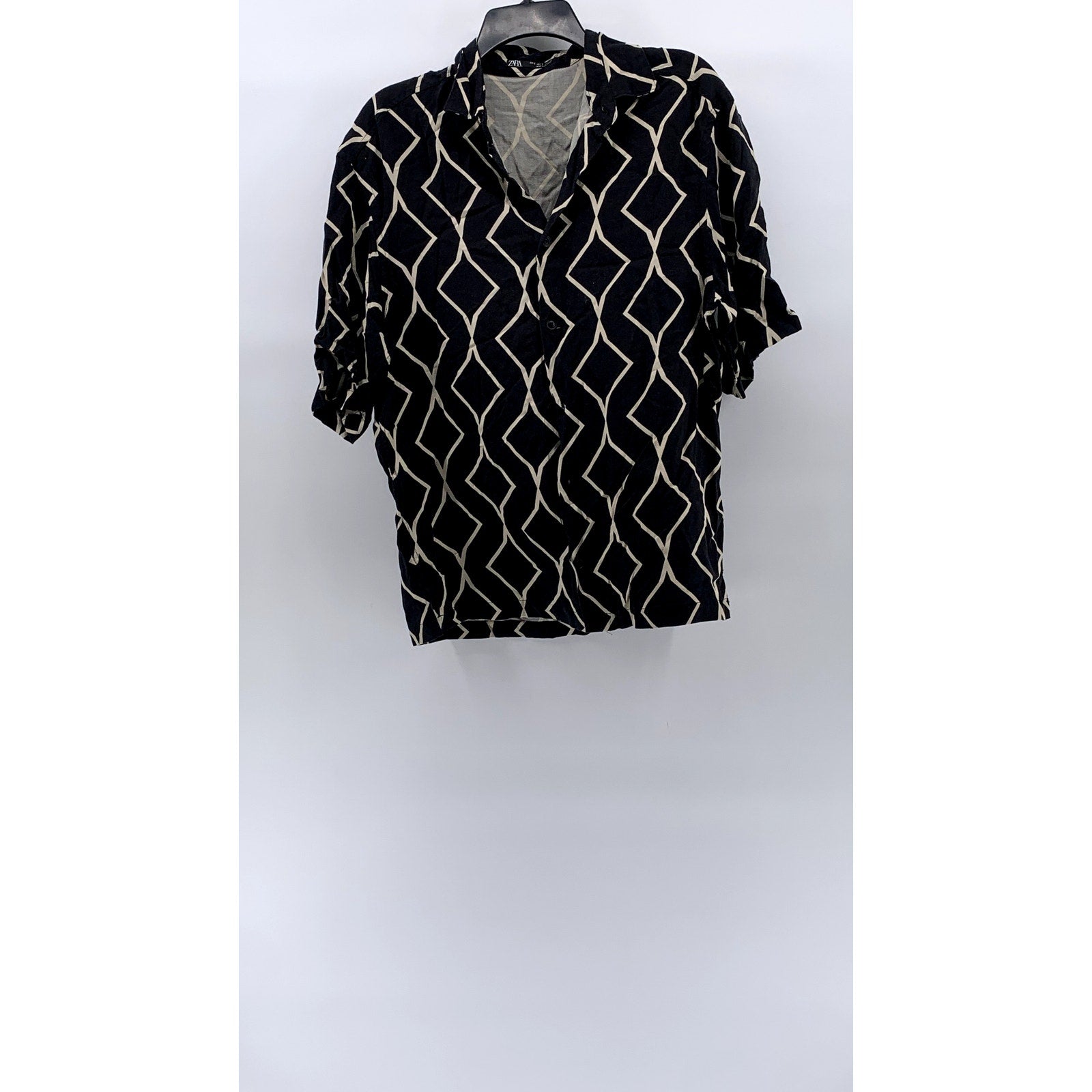 ZARA Men's Black-Beige Geo Print Button-Up Short Sleeve Shirt SZ S