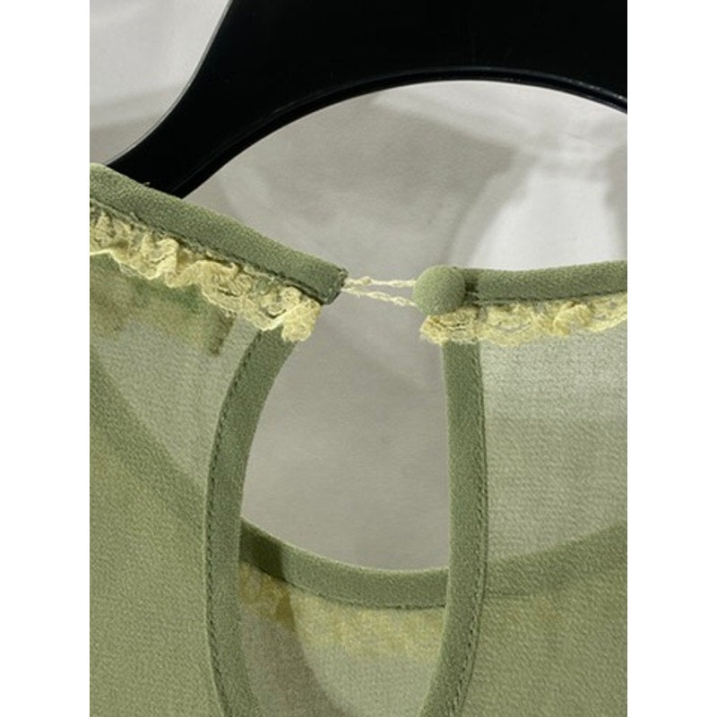 STARING AT STARS Women's Green Embroidered Lace-Trim Sheer Keyhole Top SZ XS