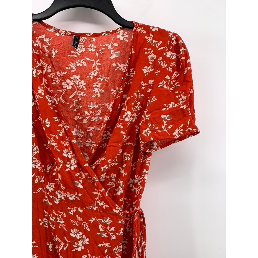 ZAFUL Women's Red Floral Print V-Neck Short Sleeve Mini Wrap Dress SZ S