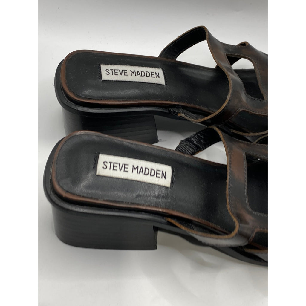 STEVE MADDEN Women's Brown Leather Square-Toe Block-Heel Slide Sandals SZ 7