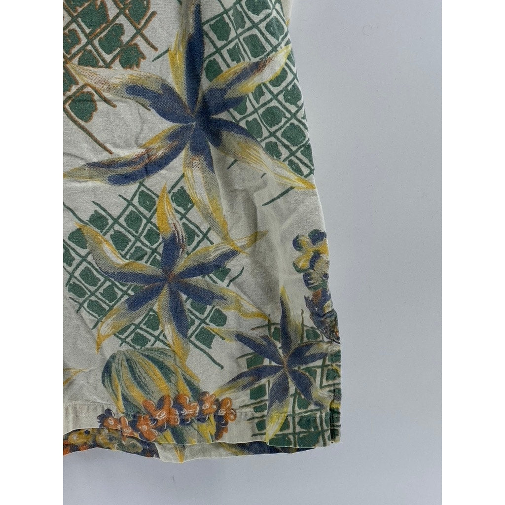 GREAT LAND Men's Vintage White-Green Regular-Fit Button-Up Hawaiian Shirt SZ L