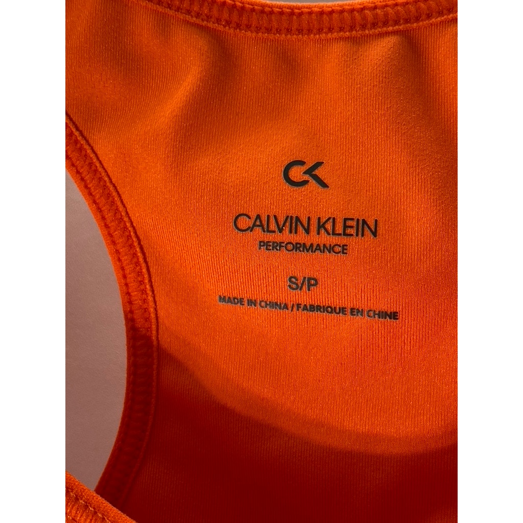 CALVIN KLEIN Women's Orange-Black Logo Scoop-Neck Racerback Sports Bra SZ S