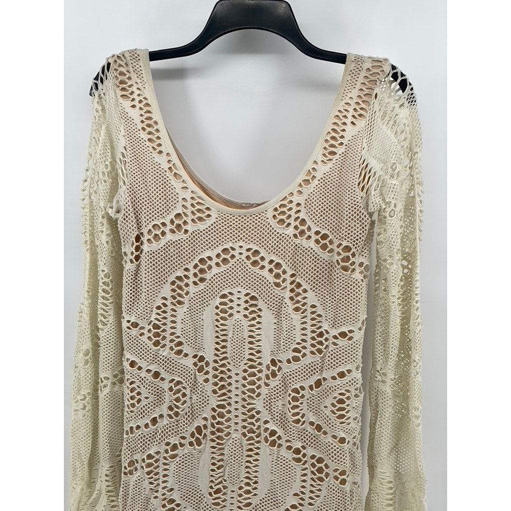 UNBRANDED Women's Cream Lace Long Sleeve Scoop-Neck Mini Dress SZ S