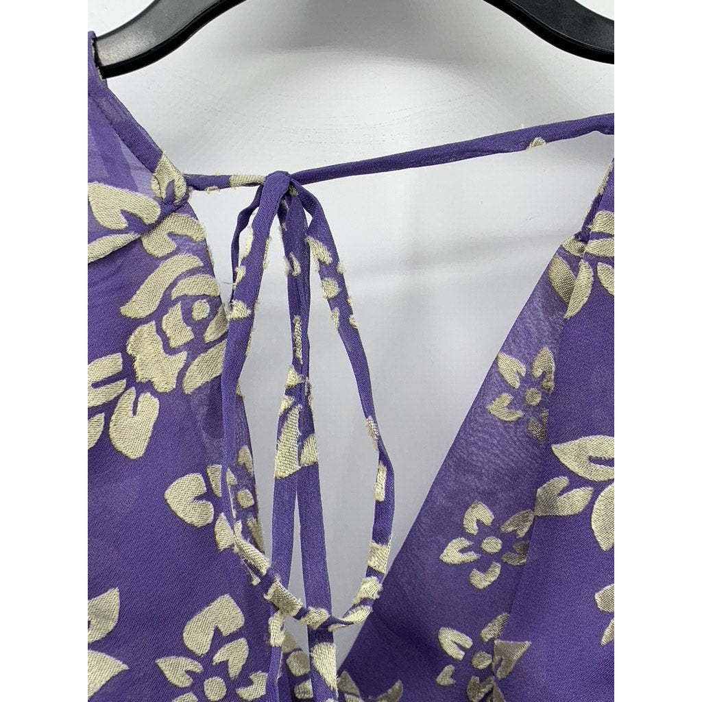 ASOS Women's Purple-Beige Floral Print Long Sleeve V-Neck Open Back Top SZ 4