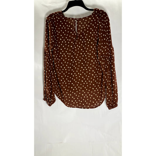 ALL IN FAVOR Women's Dark Brown/White Polka Dot V-Neck Long Sleeve Top SZ S